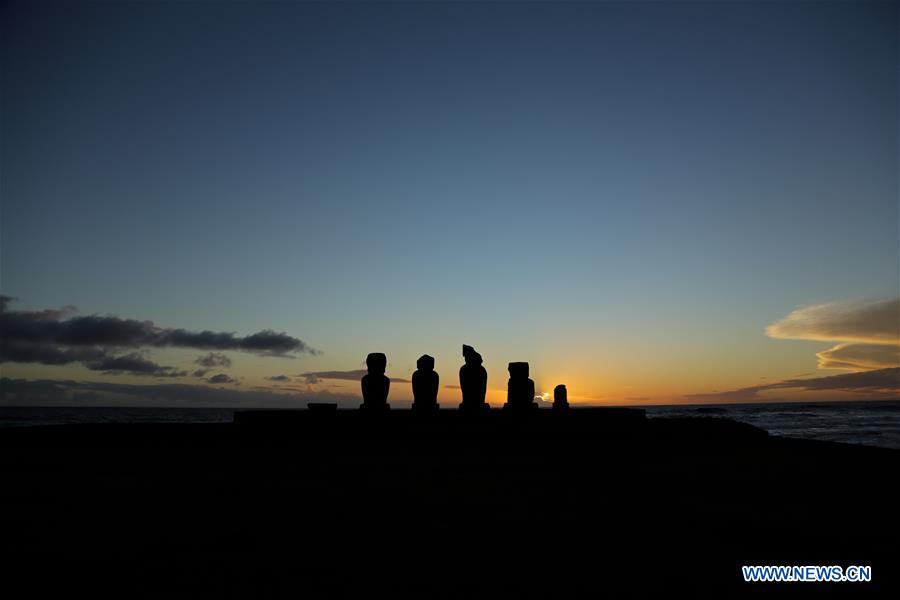 CHILE-EASTER ISLAND-MOAI-SUNSET